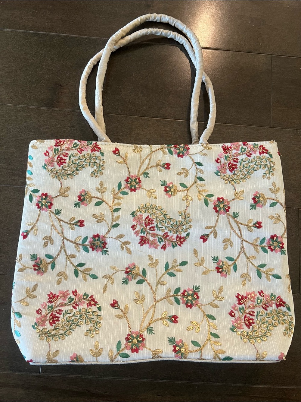 Silk Embroidered Floral Tote Bag in Ivory with Gold Accents